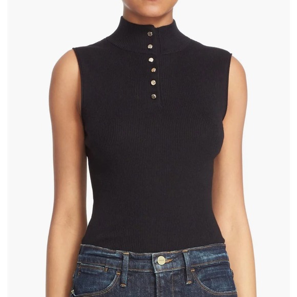 Frame Denim Tops - FRAME Silk Cashmere Blend Top Mock Button Ribbed Sleeveless Sweater, Black